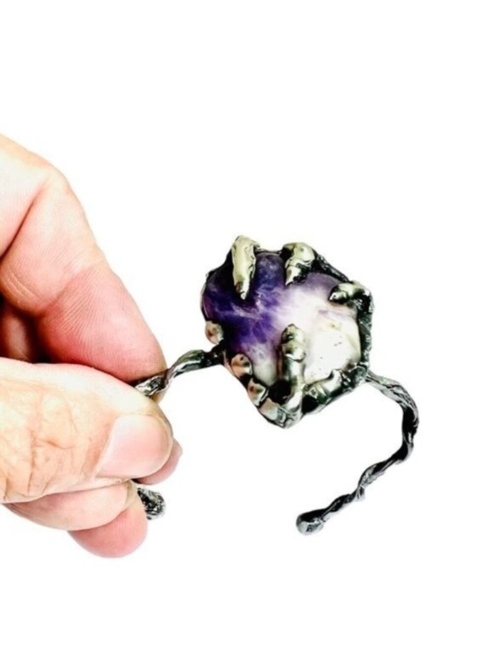 Amethyst Claw Cuff Bracelet - Silver Blend Boho Metalwork | Alma Antigua - Picture 6 of 14